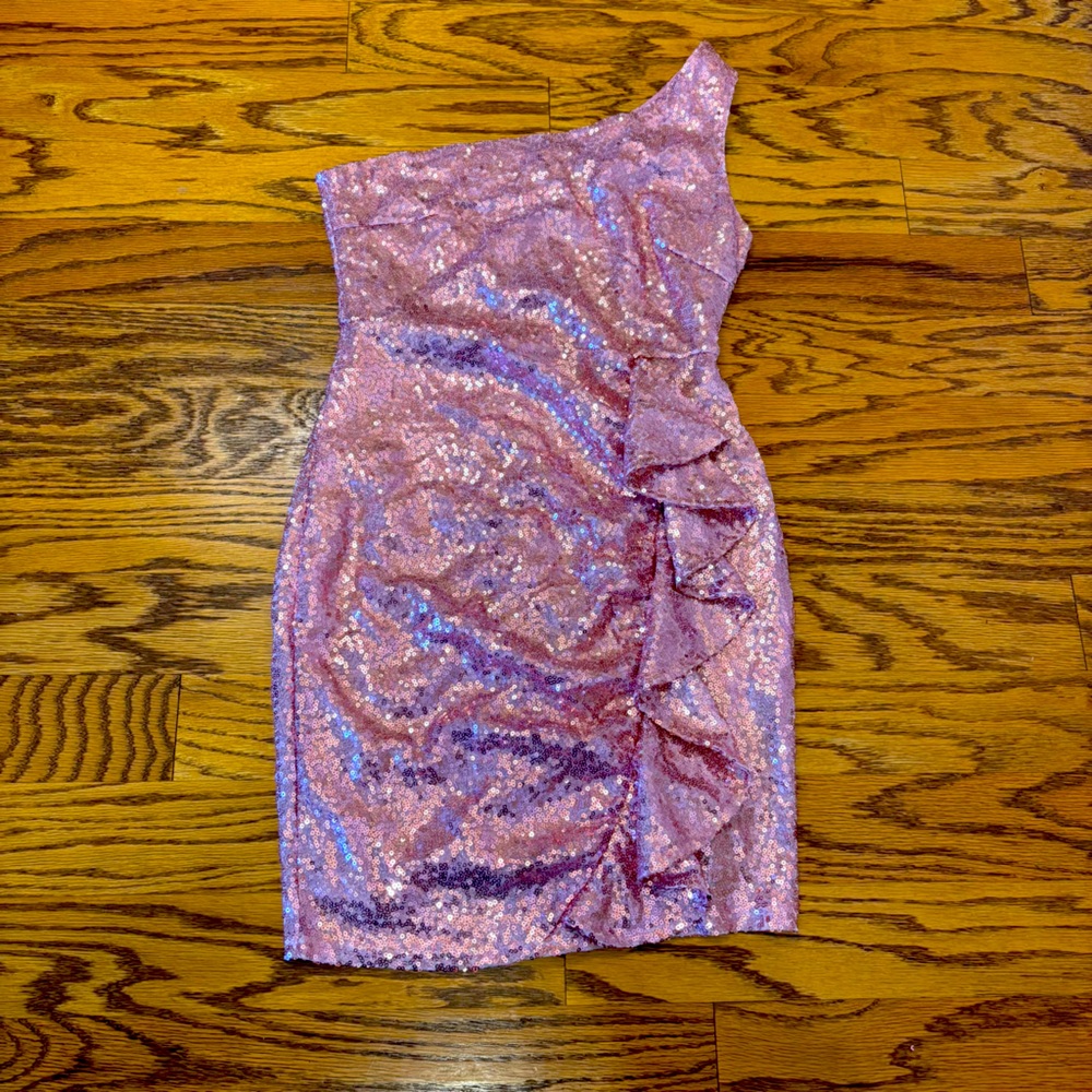Pink ruched sequin one shoulder mini dress. Size XS